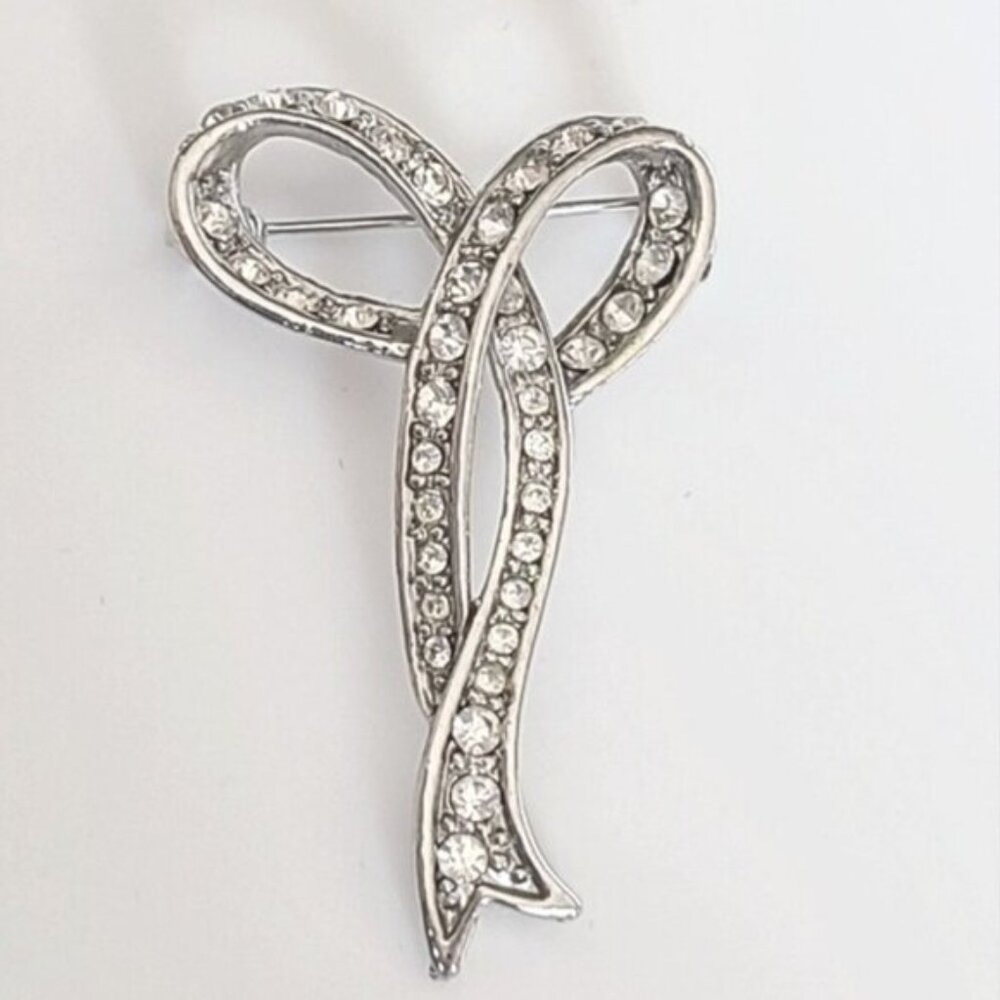 Vintage Retro Rhinestone Crystal Sterling Silver Bow Grandma Coquette Brooch Pin